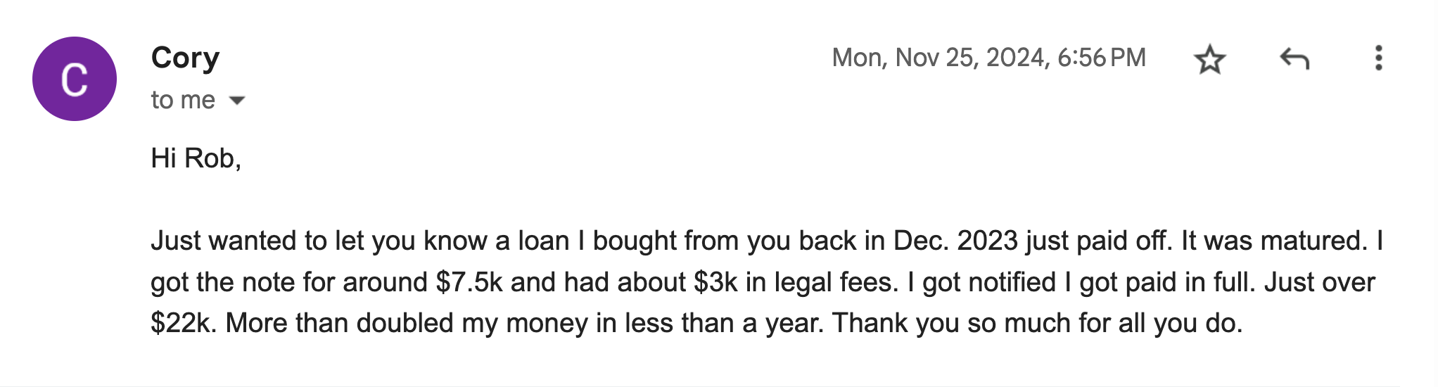 Testimonial from Cory